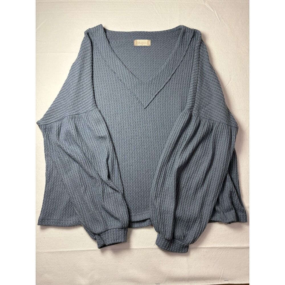 Altar'd State Waffle Knit Balloon Sleeve V Neck Top Slate Blue Small